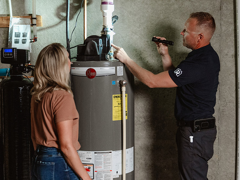A technician inspects a water heater while a woman observes in a basement setting.